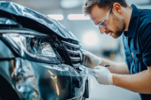 Mechanik opravuje preliačinu na karosérii osobného auta v dielni.